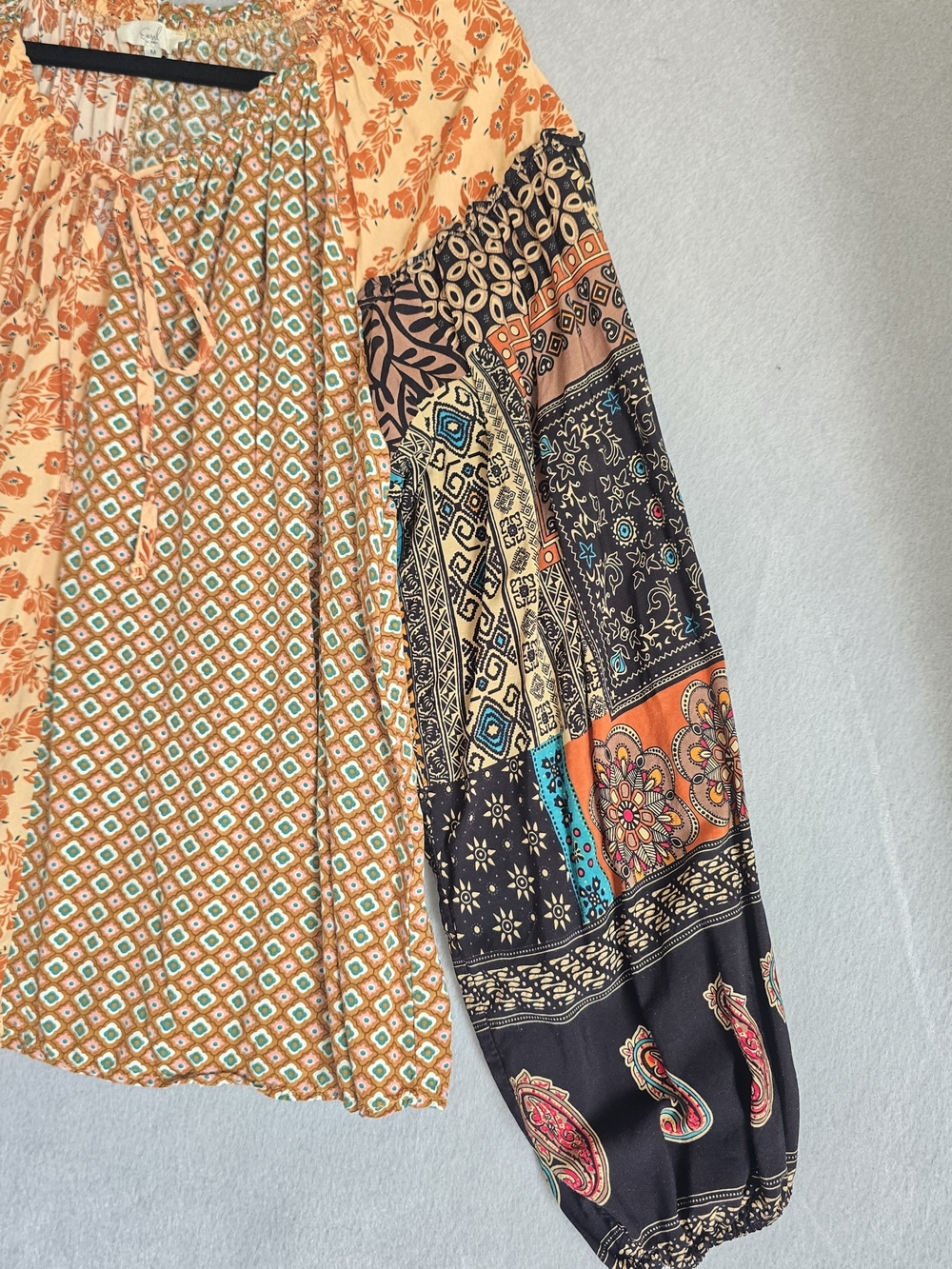 Easel Peach Multi Patchwork Boho Blouse Oversize Fun Western Bubble Sleeves Cute - Picture 10 of 11